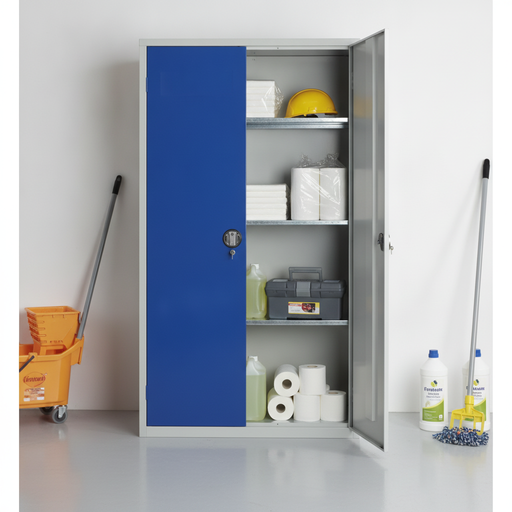 Mild Steel Lockable Cupboard with Blue Doors for Janitorial Use
