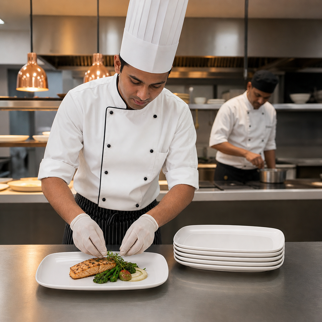 Oblong Platters White Vitrified Ceramic for Catering (Pack of 6)