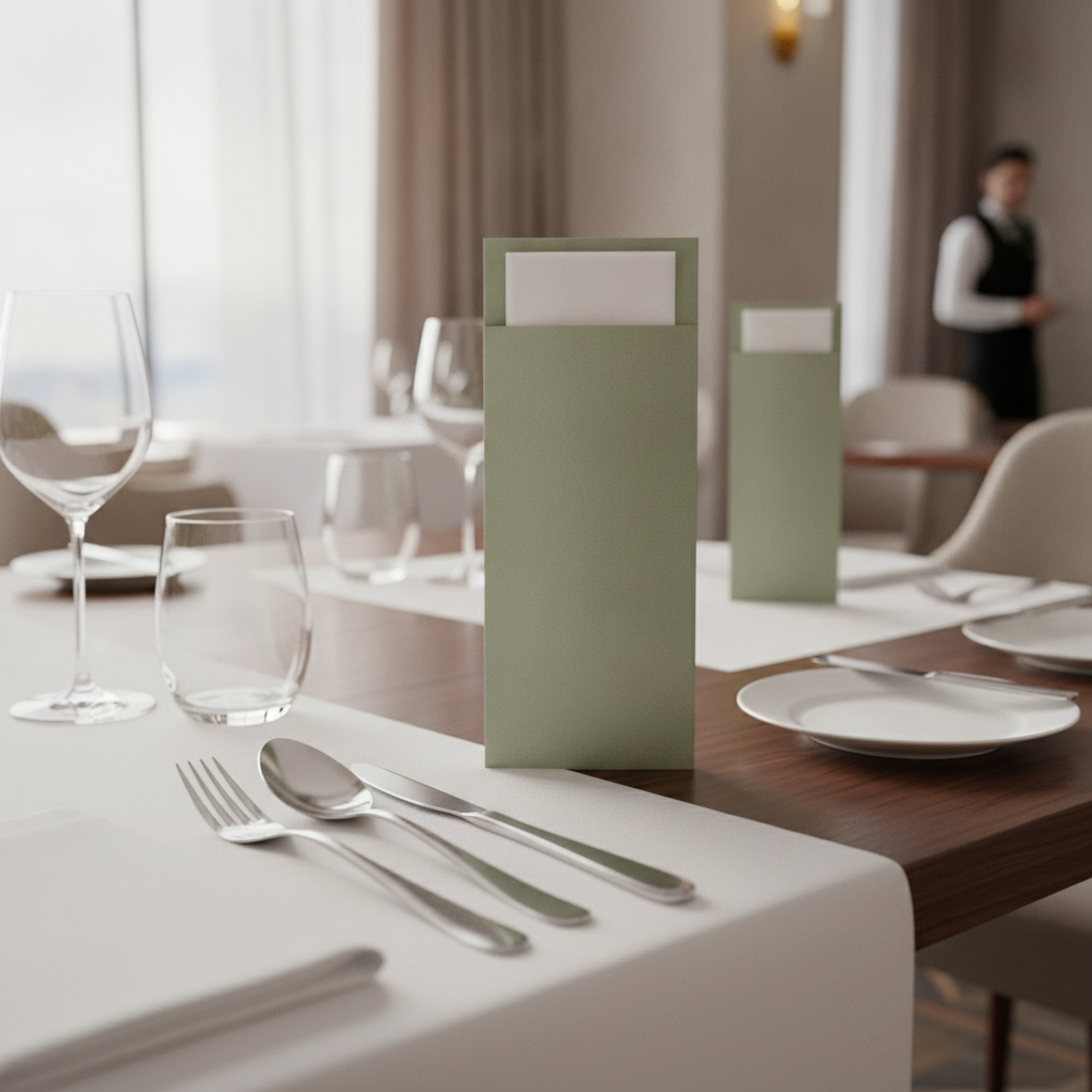 Paper Sage Green Cutlery Pouch with White Napkin for Dining Tables (Pack of 500)