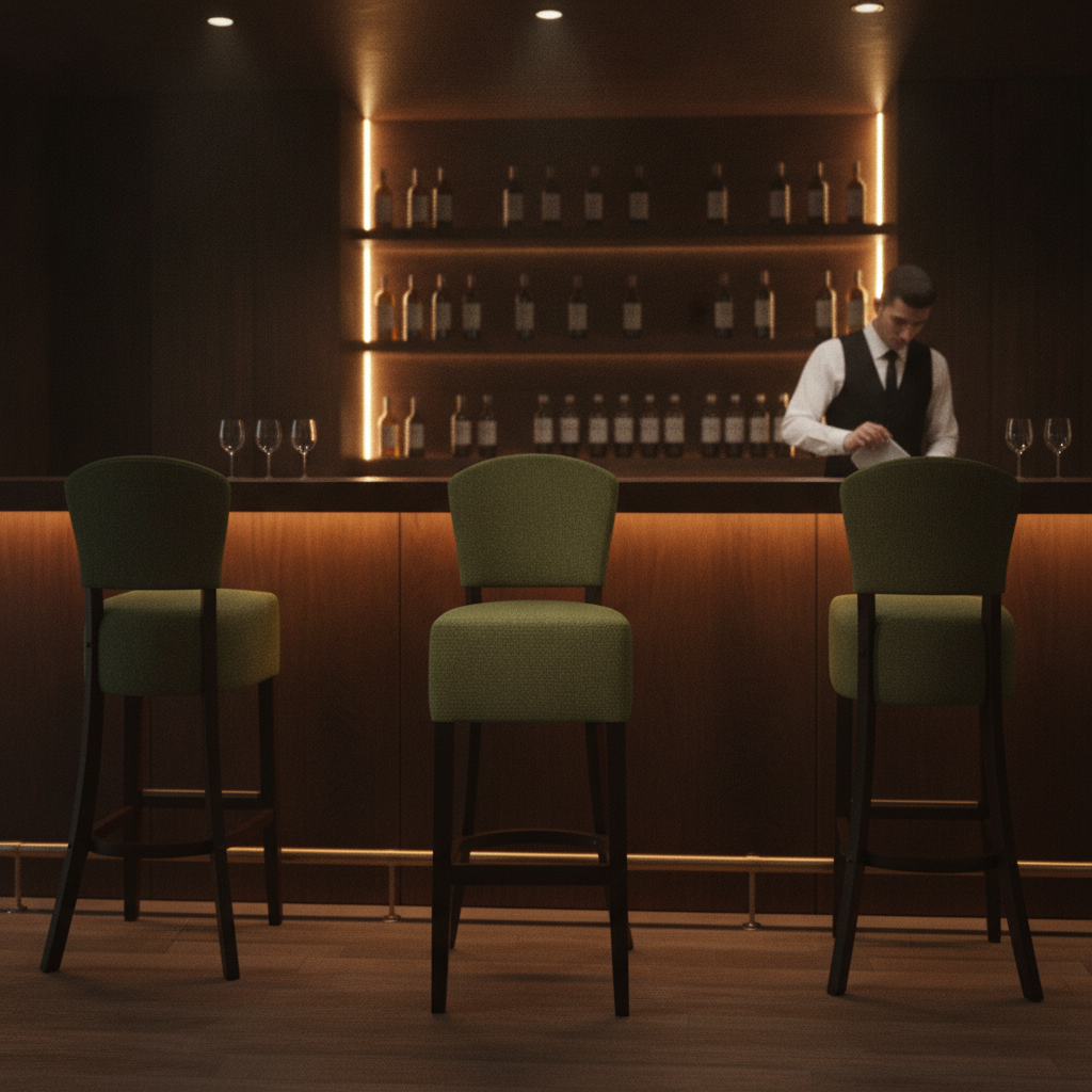 Rubber Wood Bar Chair with Green Upholstery 1175mm for Commercial Use