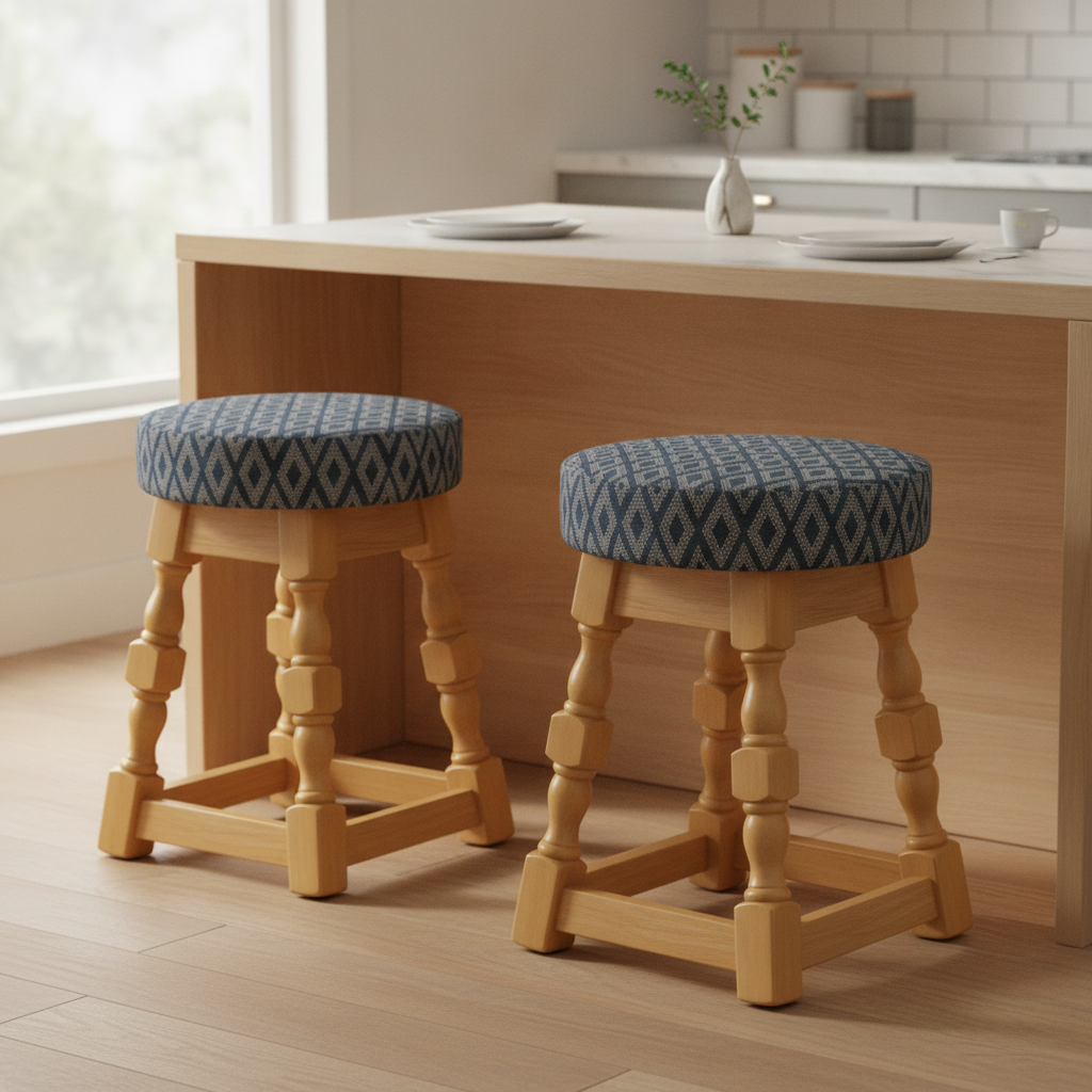 Rubber Wood Low Bar Stool with Blue Diamond Seat 500x345mm for Casual Dining (Pack of 2)