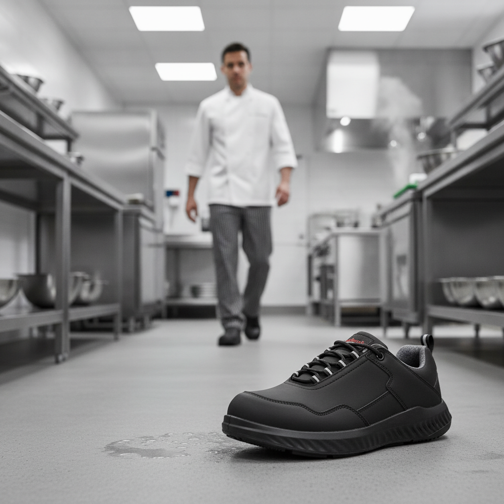 Microfibre Black Safety Trainers with Steel Toe Cap for Catering Staff