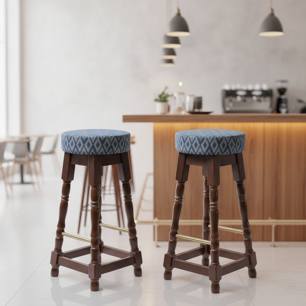 Rubber Wood High Bar Stools with Blue Diamond Seat 770x345mm for Pubs & Cafés (Pack of 2)