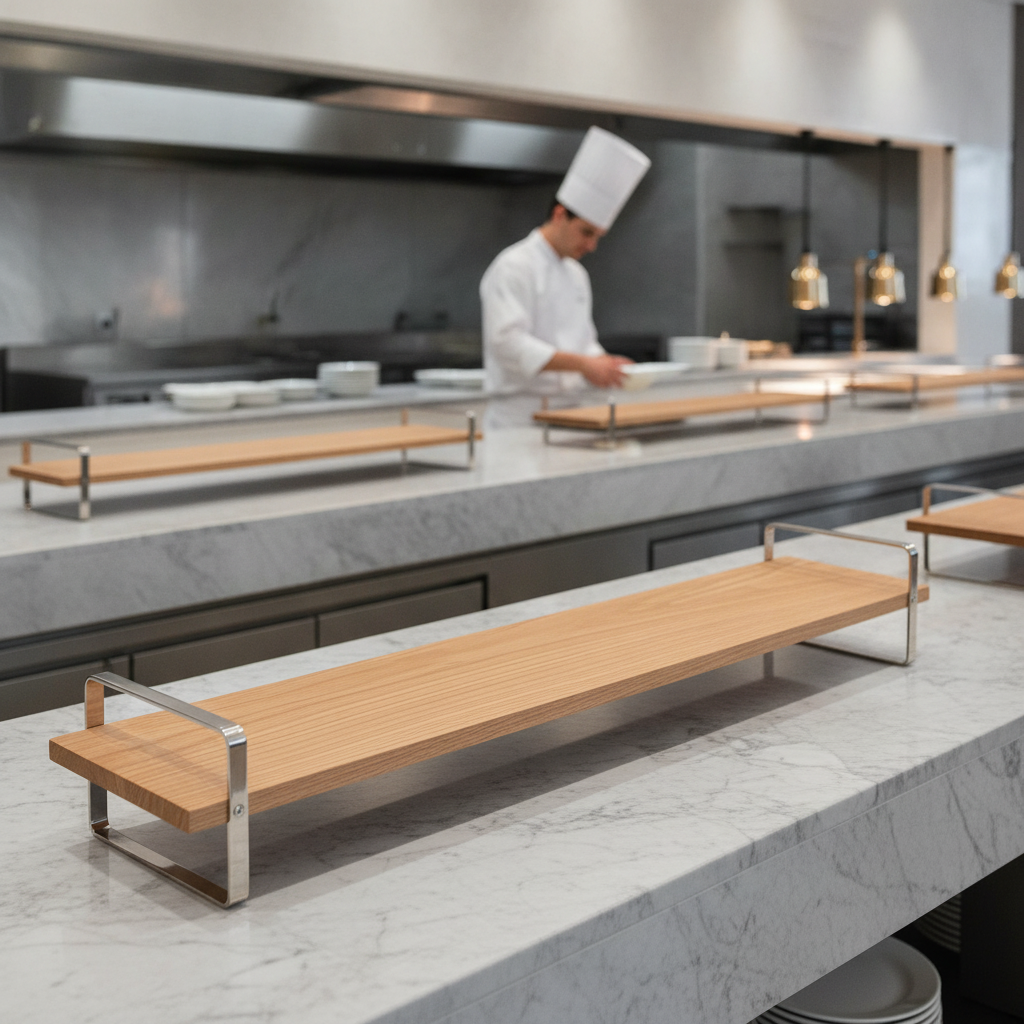Oak Wood and Stainless Steel Medium Low Presentation Table for Buffets