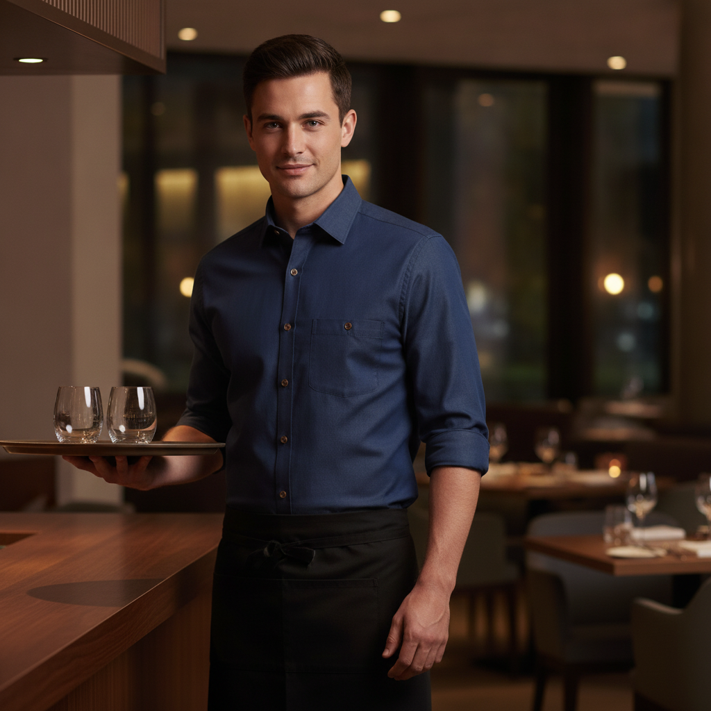 Navy Cotton Long Sleeve Shirt for Bar & Waiting Staff