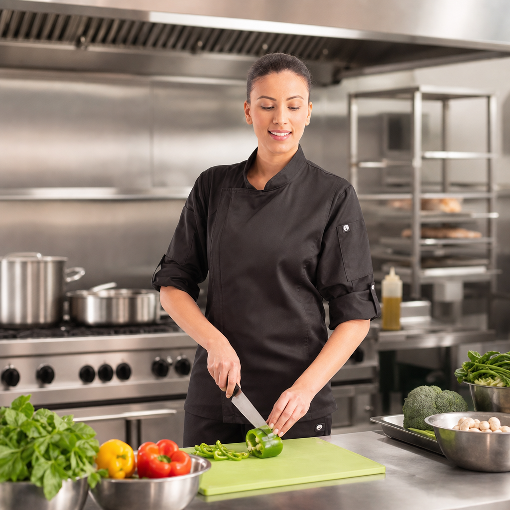 Lightweight Polycotton Chef Jacket in Black for Busy Kitchens