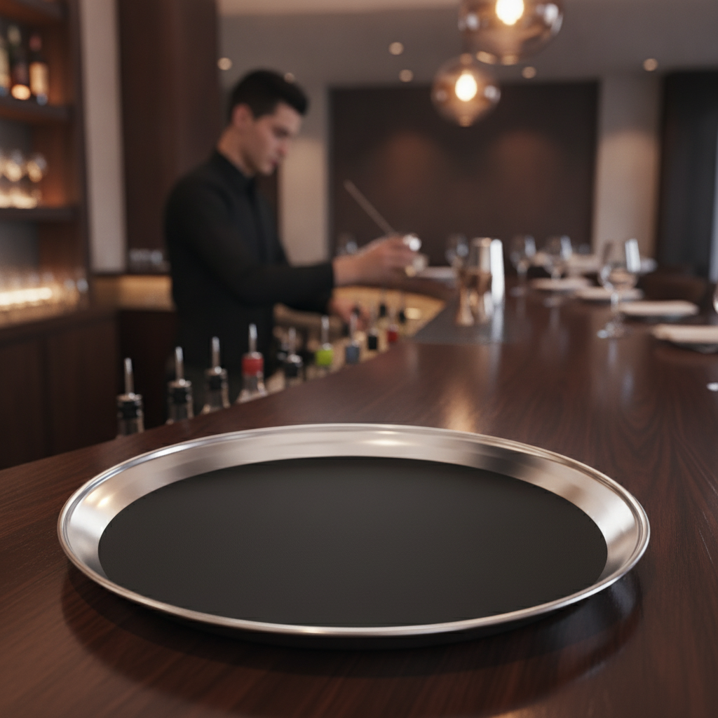Stainless Steel Round Non-Slip Bar Tray 305mm for Safe Serving