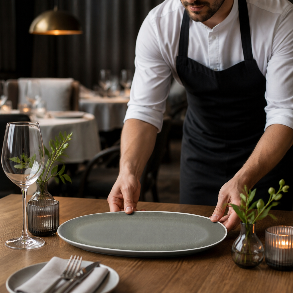 Oval Plates Charcoal Porcelain for Elegant Table Settings (Pack of 6)