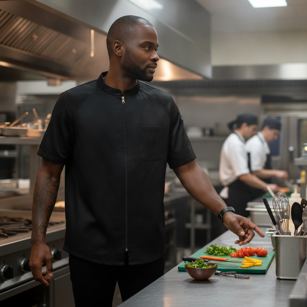 Recycled Polyester Black Chef Jacket for Hospitality Uniforms