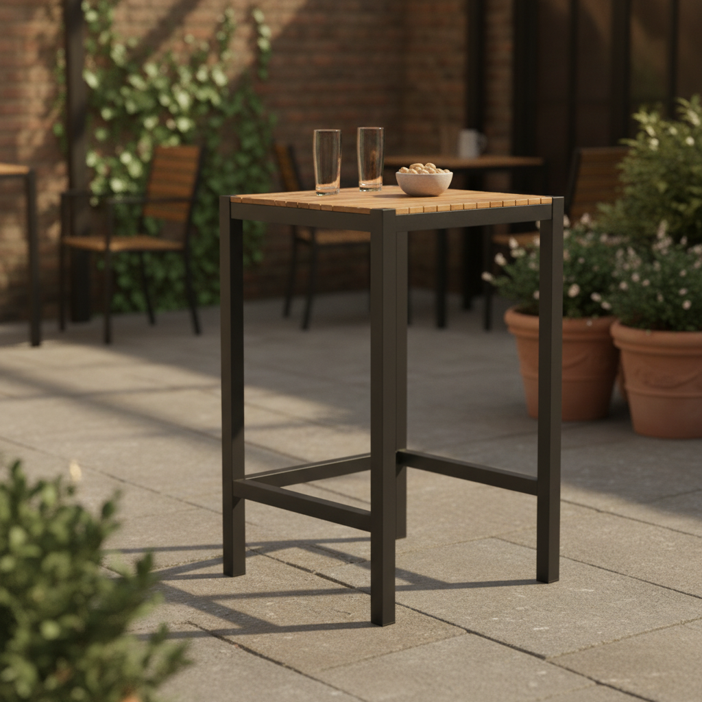 Acacia Wood and Powder-Coated Steel Bar Table 600mm for Pub Gardens