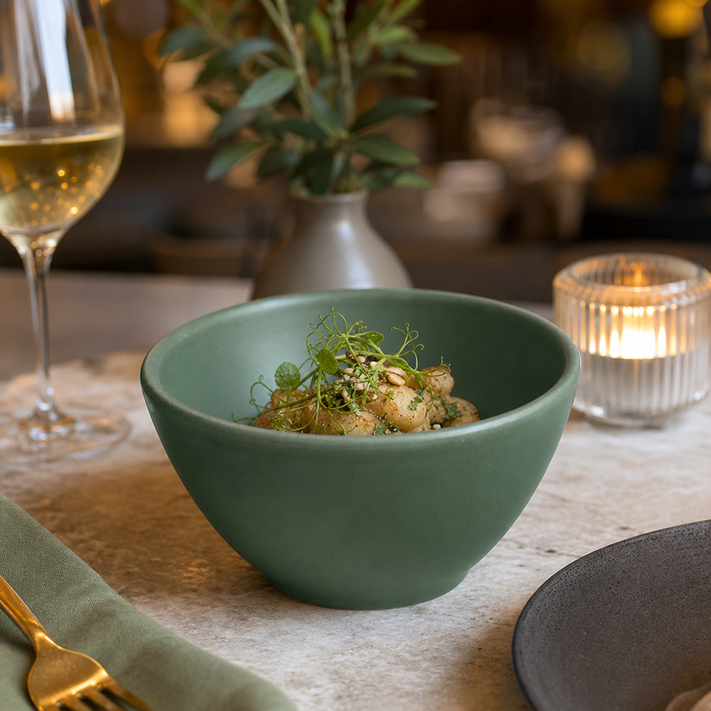 Deep Porcelain Bowls in Andorra Green for Casual and Elevated Dining