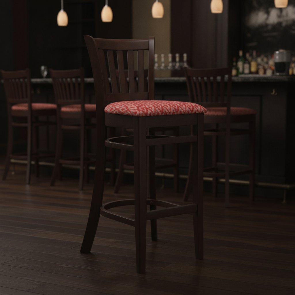 Rubber Wood Bar Chair with Red Padded Seat 1010x410mm for Hospitality Settings