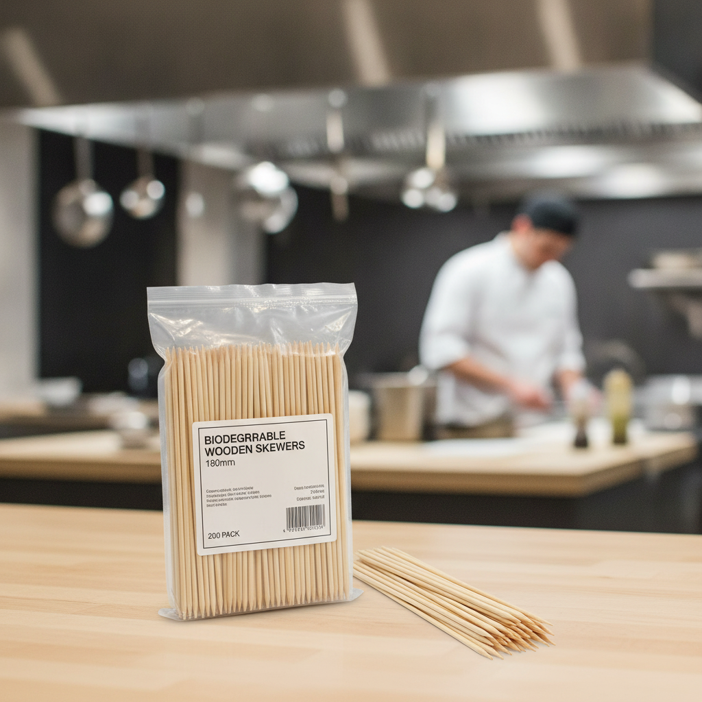 Biodegradable Wooden Skewers 180mm for BBQs & Parties (Pack of 200)