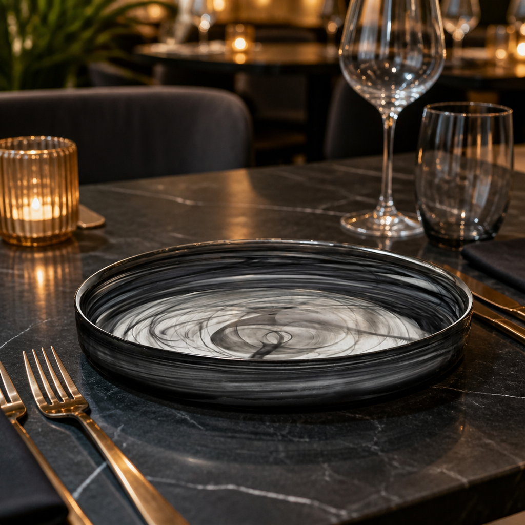 Handmade Plates 210mm Black Glass for Stylish Dining (Pack of 6)