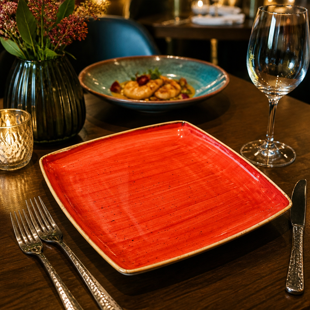 Square Plates Red Vitrified Ceramic for Catering & Hospitality (Pack of 6)