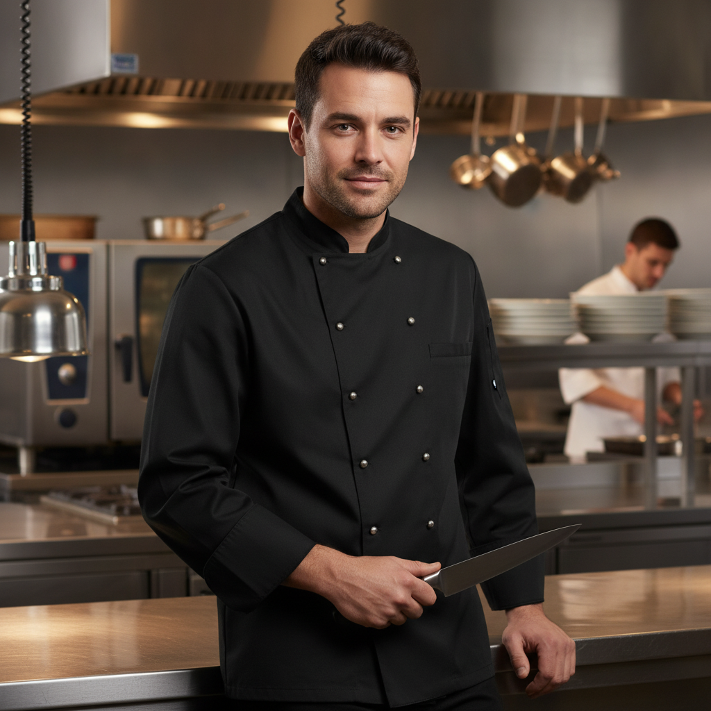 Polycotton Black Long Sleeve Chef Jacket for Commercial Kitchens