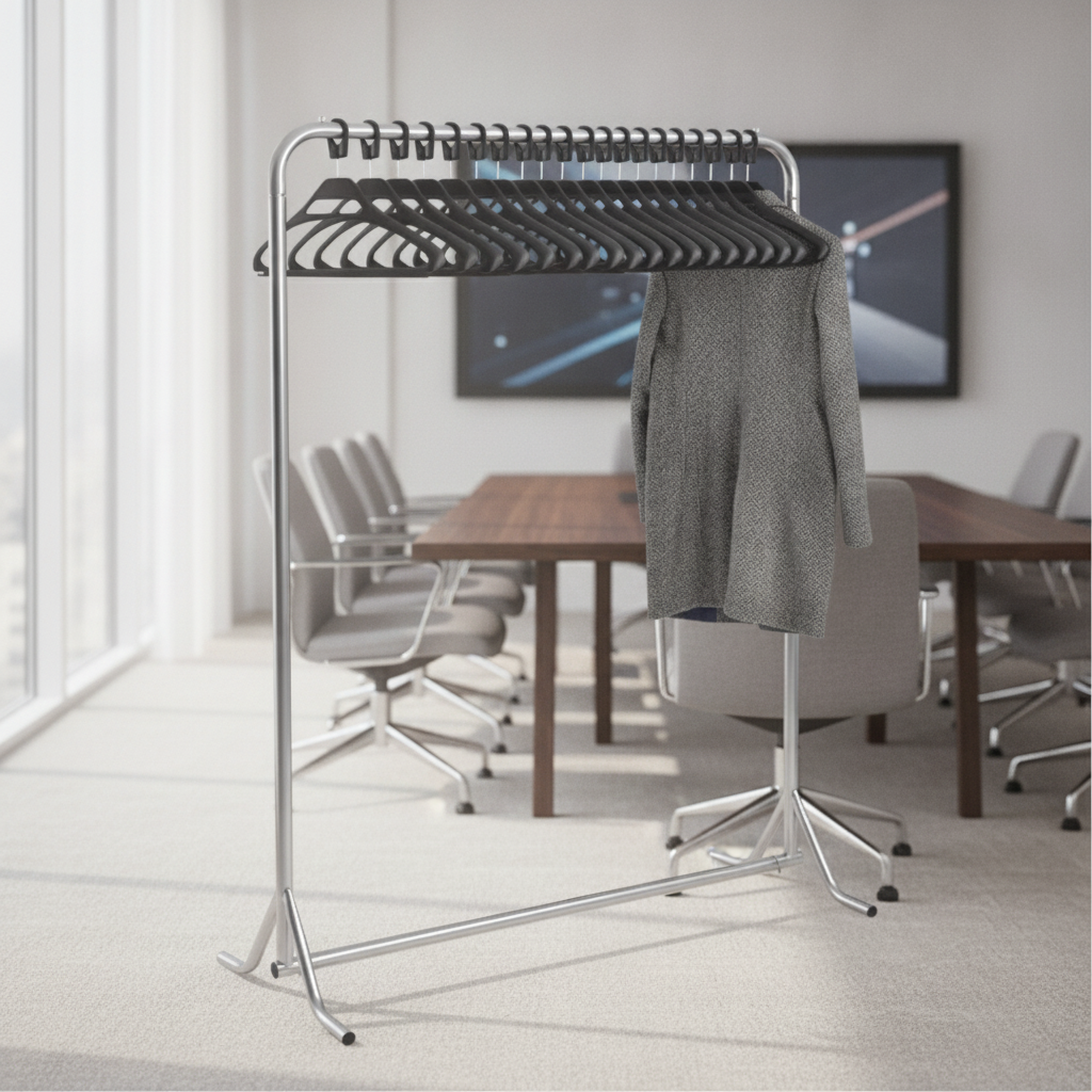 Steel Coat Rack with 20 Black Hangers for Meeting Rooms
