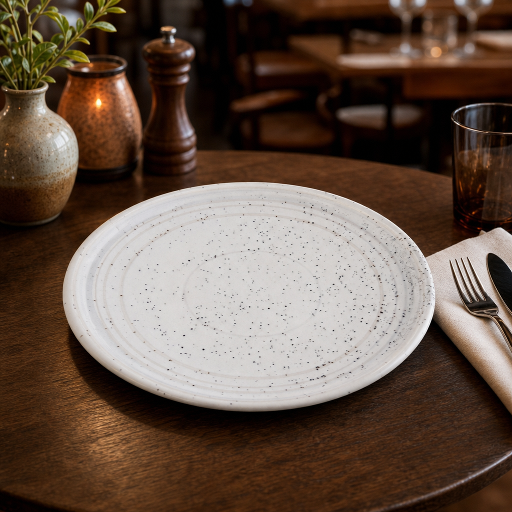 Durable Porcelain Flat Round Plates with White Speckles for Restaurants (Pack of 6)
