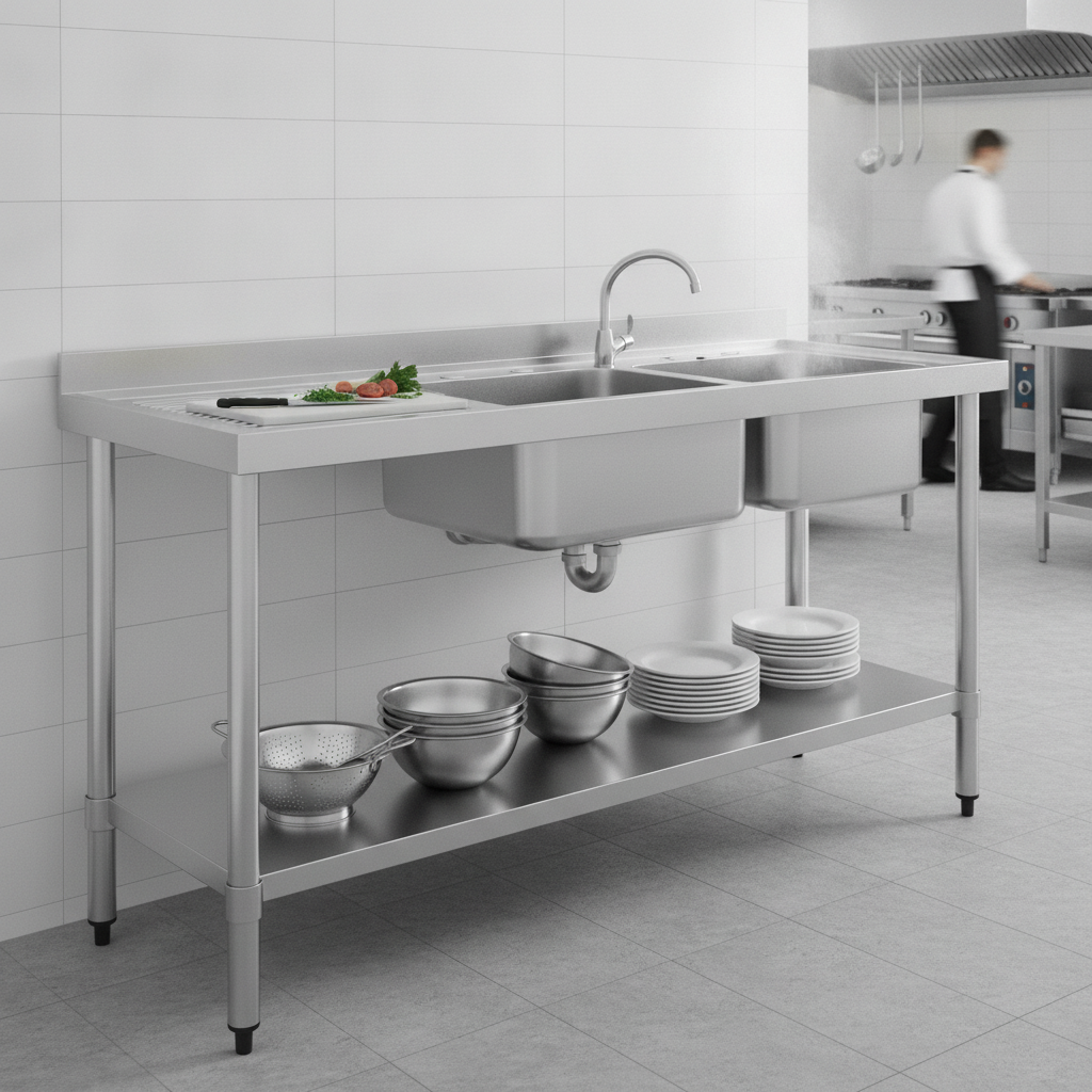 Stainless Steel Double Bowl Sink with Left Hand Drainer for Professional Kitchens