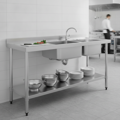 Stainless Steel Double Bowl Sink with Left Hand Drainer for Commercial Use