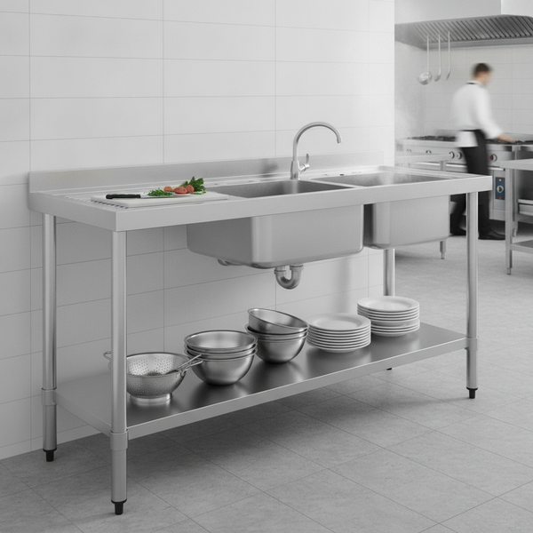 Stainless Steel Double Bowl Sink with Left Hand Drainer for Commercial Use, Stainless Steel
