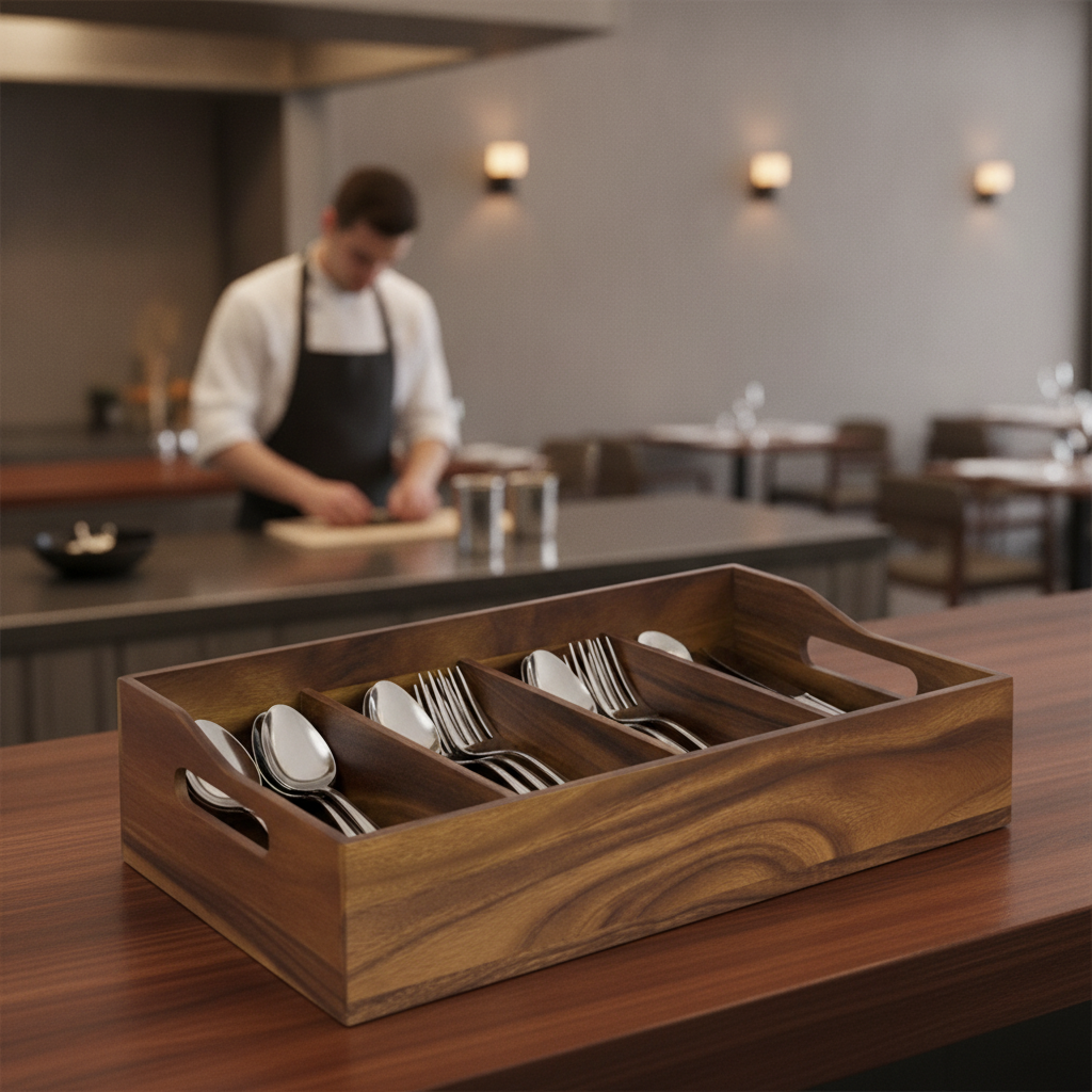 Acacia Wood Cutlery Tray with Four Compartments 510x280mm for Dining Areas