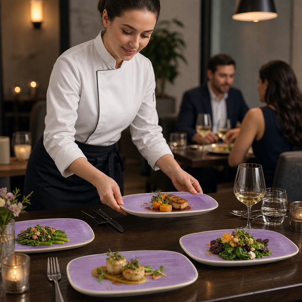 Hand Decorated Oblong Plates Purple Vitrified Ceramic for Dining Tables (Pack of 6)