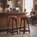 Rubber Wood High Bar Stools with Red Diamond Seat 770x345mm for Pubs & Cafés (Pack of 2)
