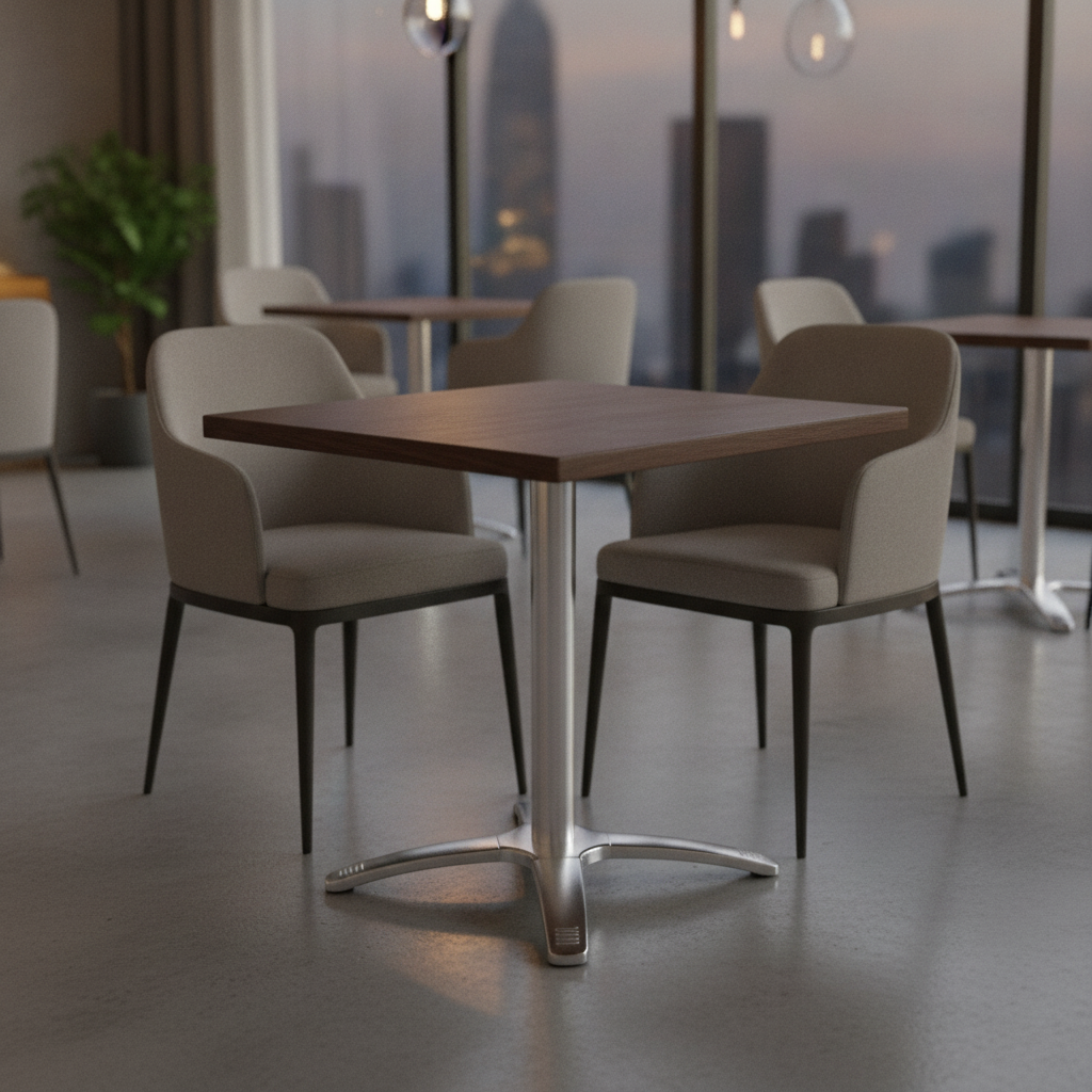 Wood-Effect Square Table Top with Aluminium Base 600x650mm for Dining Areas