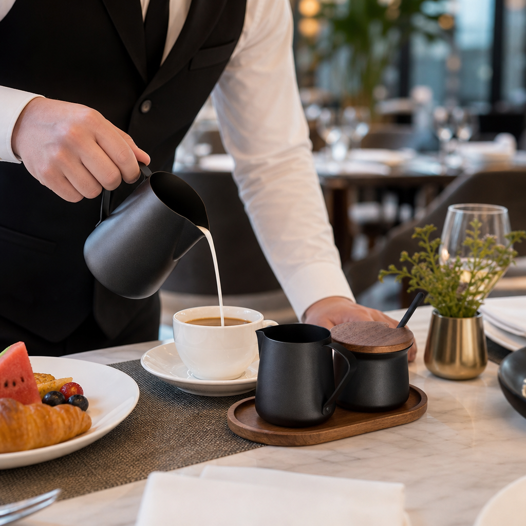 Acacia Wood and Stainless Steel Milk and Sugar Set for Breakfast Service