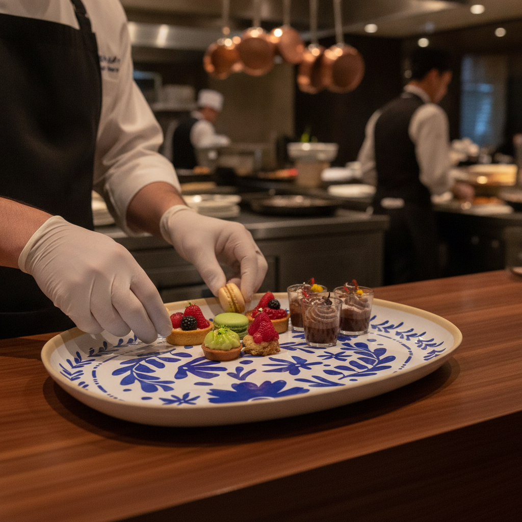 Melamine GN 1/2 Tray with Blue & White Pattern for Buffets