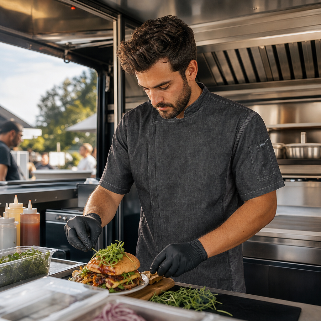 Grey Cotton Denim Chef Jacket for Food Trucks & Open Kitchens