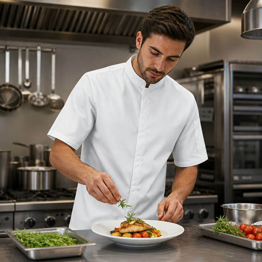 Unisex Chef Jacket with Band Collar in White for Professional Kitchens