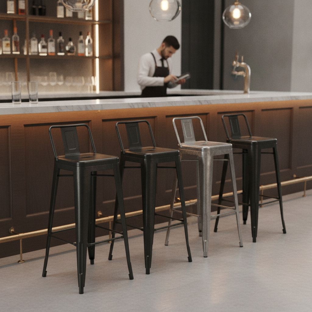 Galvanised Steel High Stools with Backrest 905x420mm for Bars & Pubs (Pack of 4)