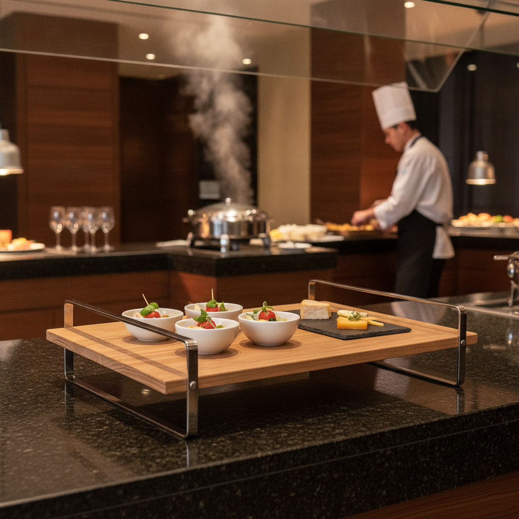 Oak Wood and Stainless Steel Low Presentation Table for Buffets