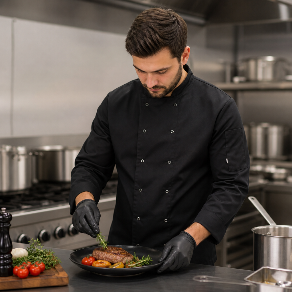 Black Long Sleeve Polycotton Chef Jacket for Commercial Kitchens