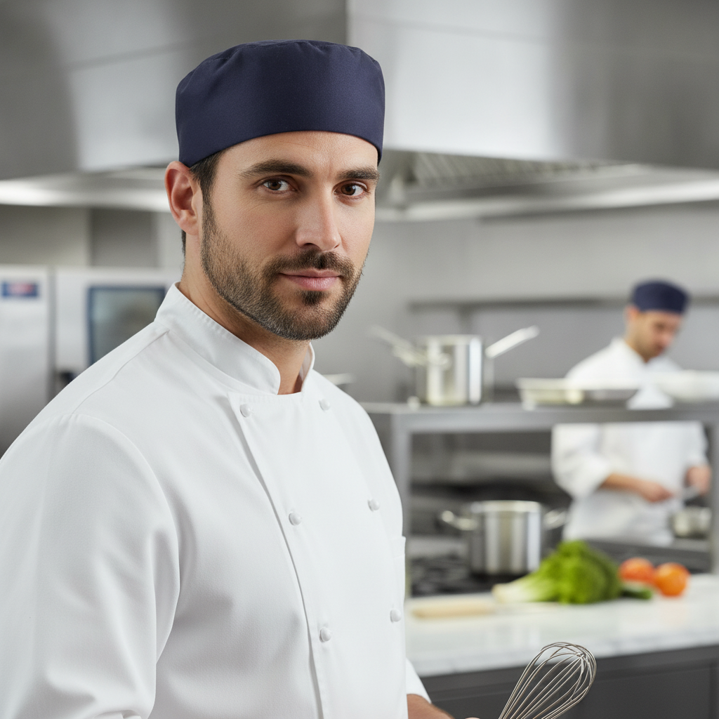 Cotton & Recycled Polyester Blue Chefs Skull Cap for Culinary Professionals