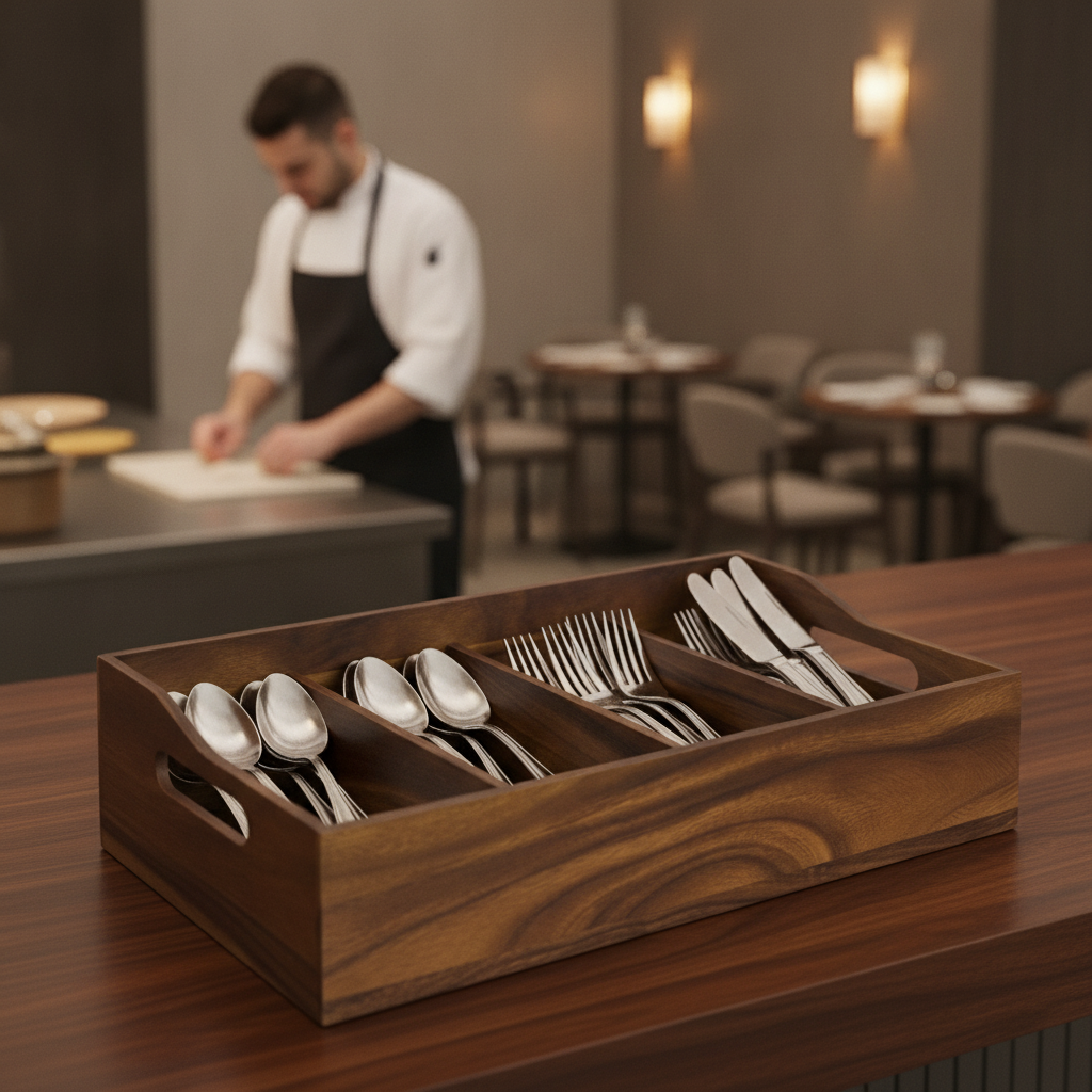 Acacia Wood Cutlery Tray with Four Compartments 510x280mm for Dining Areas