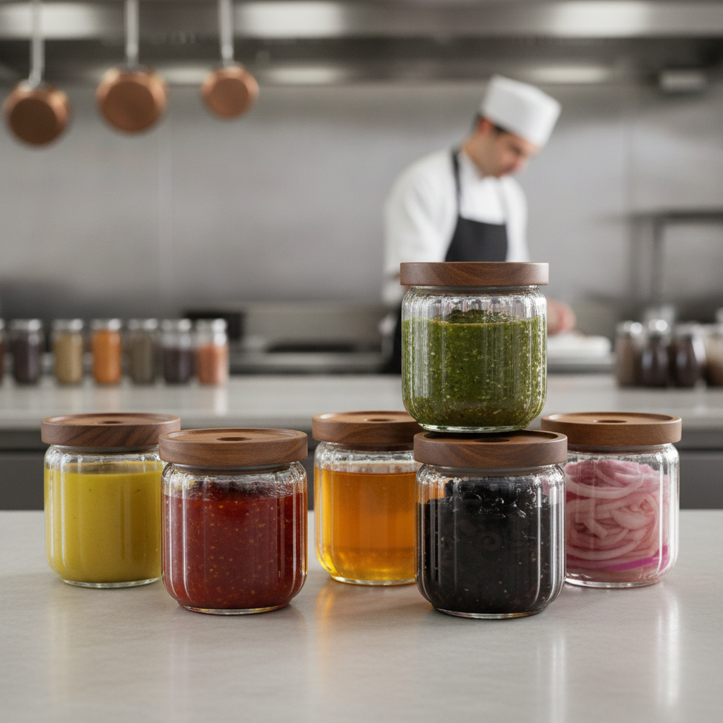 Glass Condiment Jar with Acacia Wood Lid 570ml for Bar Storage (Pack of 24)