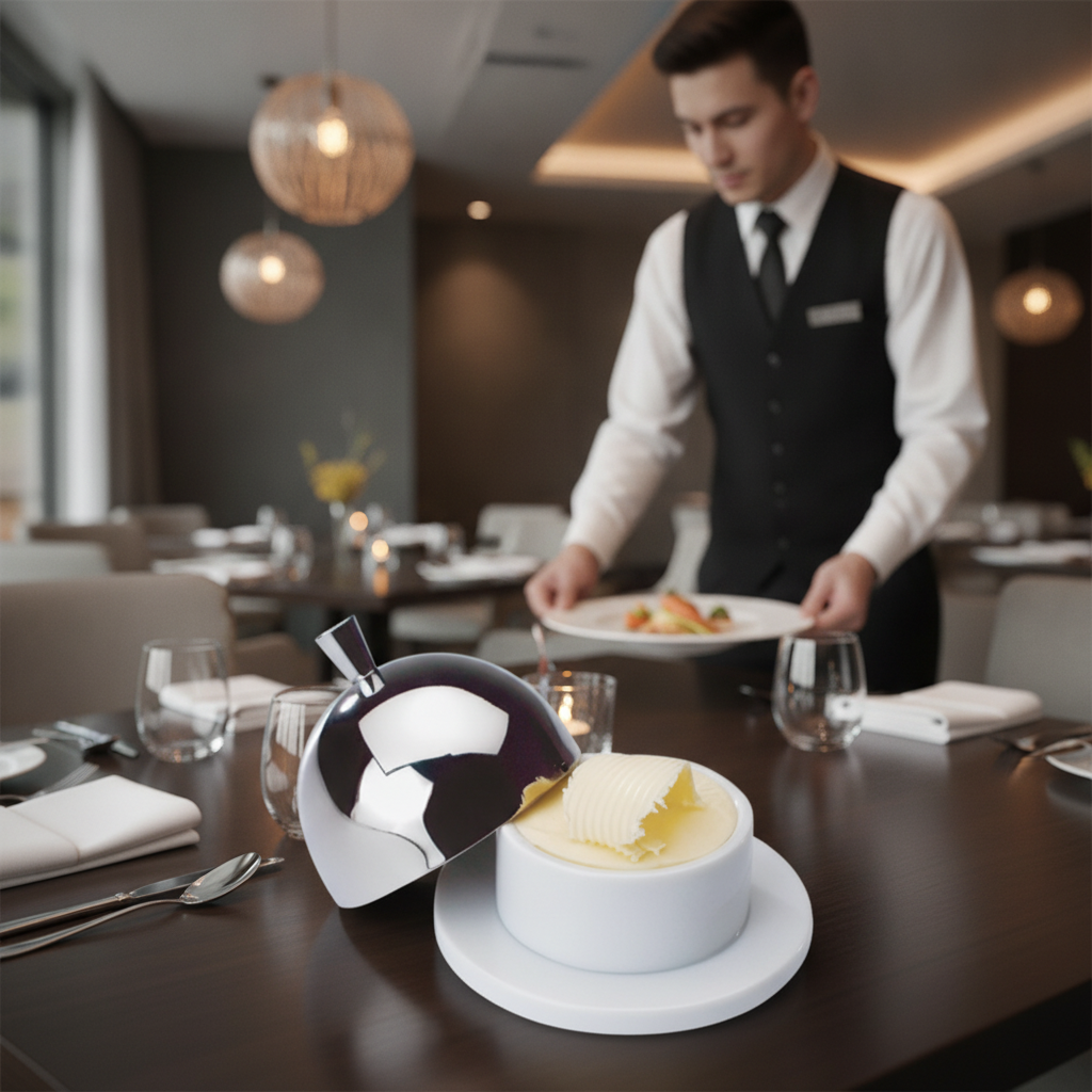 Stainless Steel Butter Dish with Porcelain Pad 90mm for Meal Service