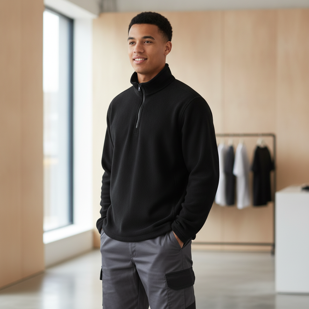 Black Polyester Quarter Zip Micro Fleece for All-Day Comfort