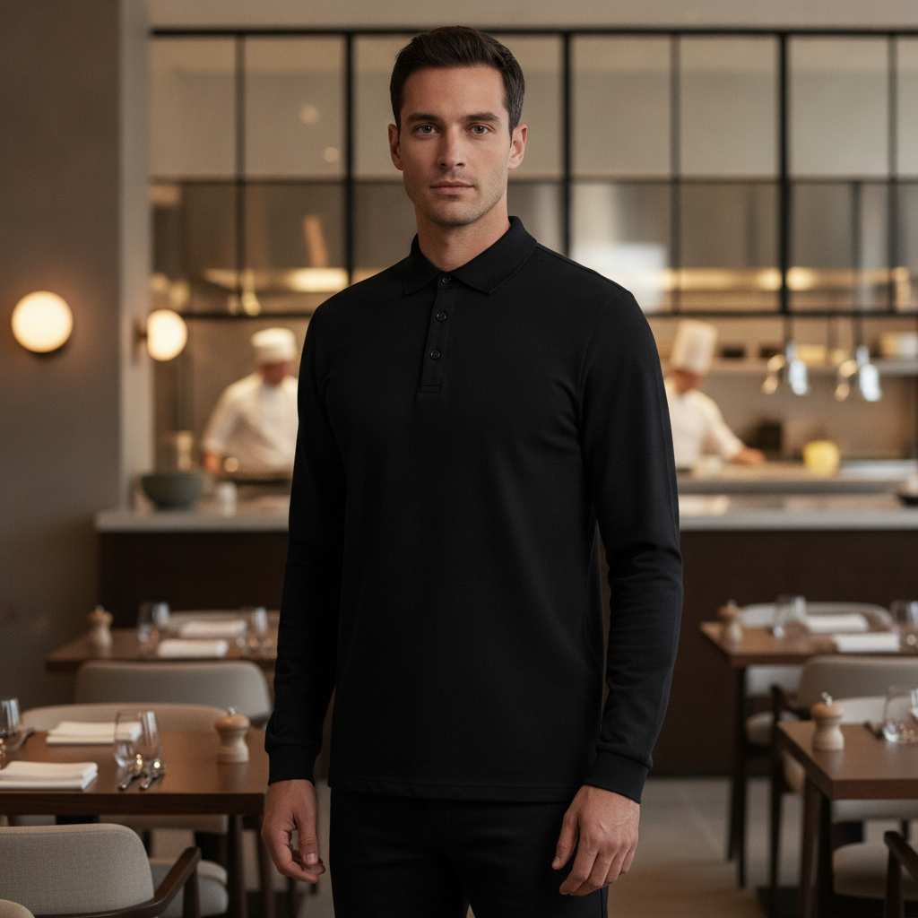 Cotton Blend Black Long Sleeve Polo for Staff Uniforms