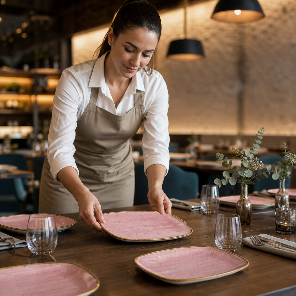 Oblong Plates Pink Vitrified Ceramic for Modern Table Settings (Pack of 12)