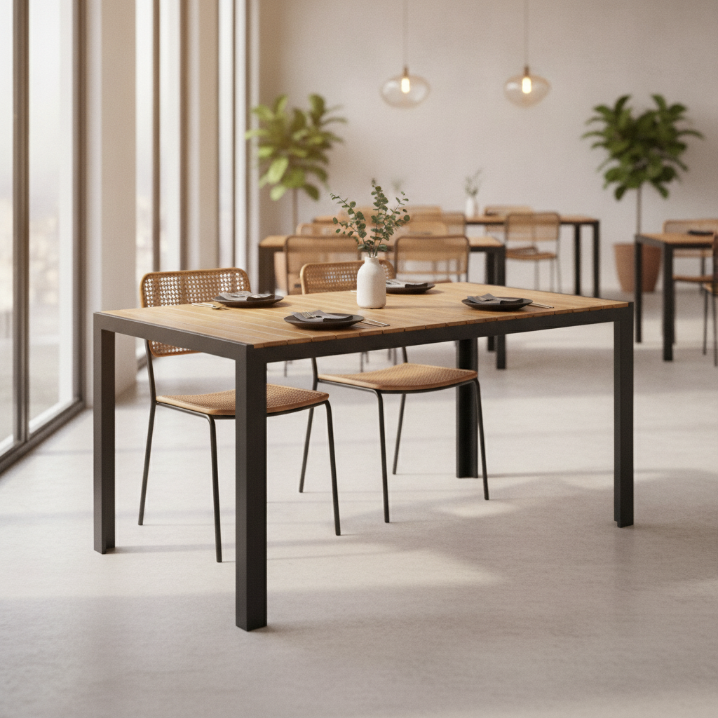Acacia Wood and Powder-Coated Steel Rectangular Table 1200mm for Dining Areas