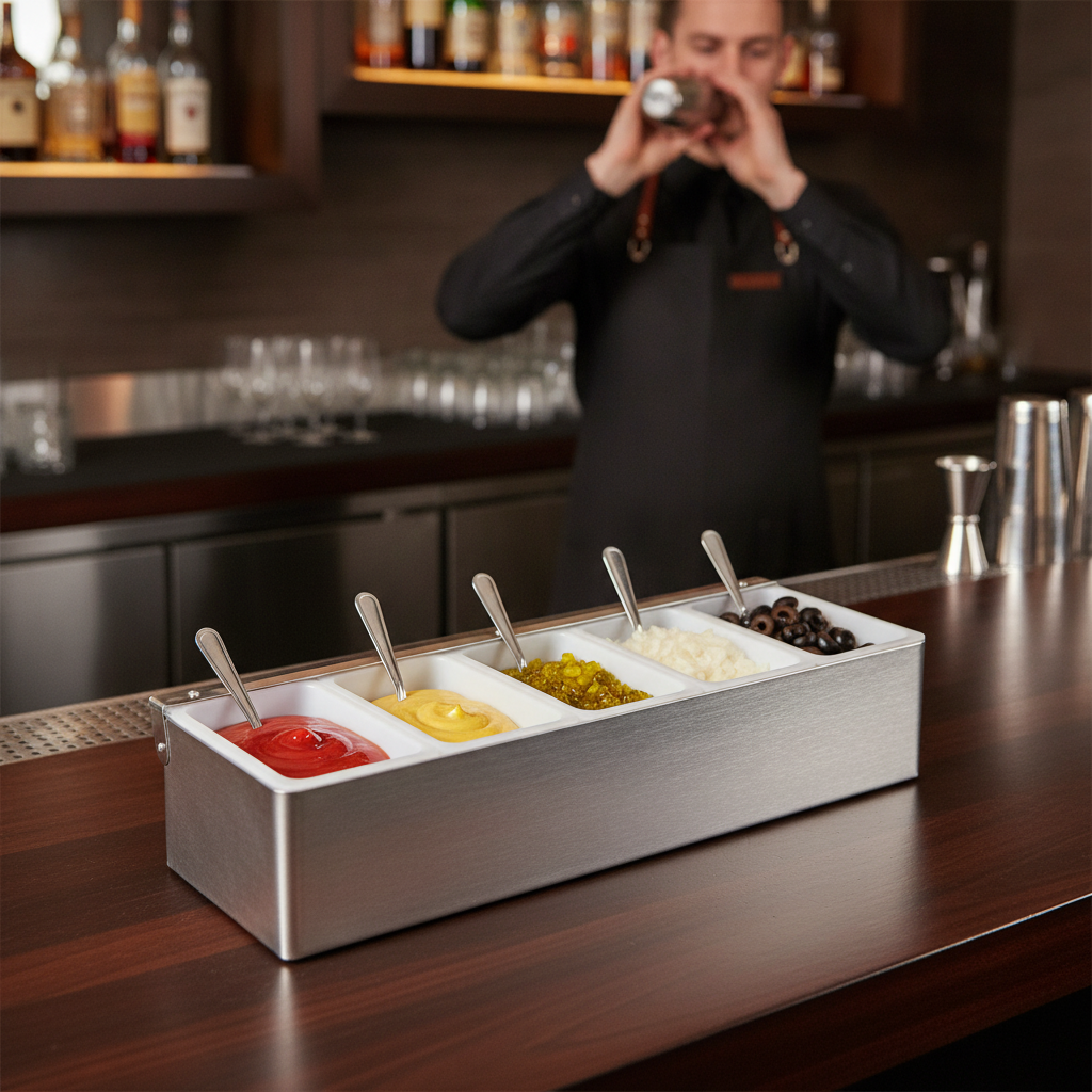 Stainless Steel 5 Compartment Condiment Holder 384x151mm for Efficient Service