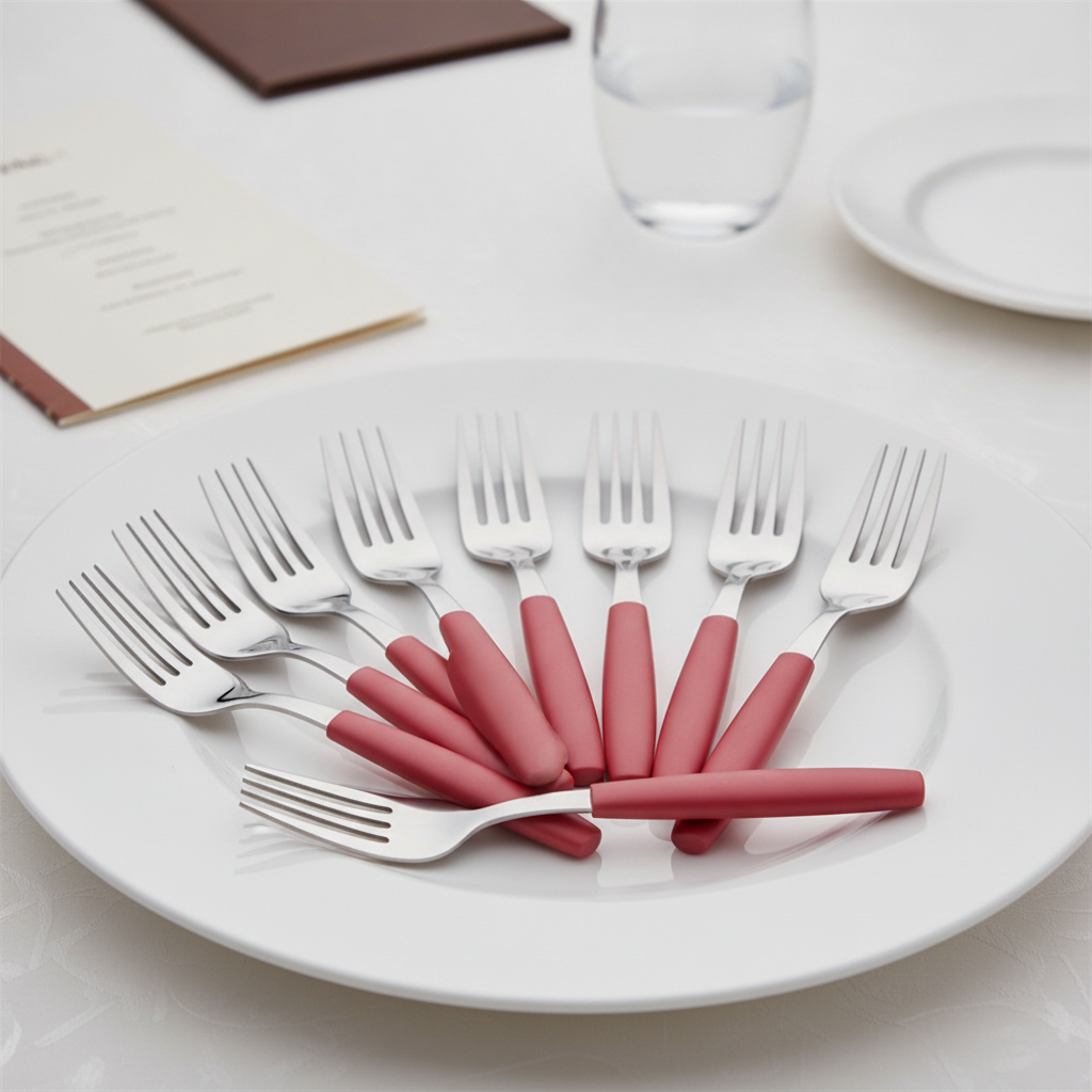 18/0 Stainless Steel Dessert Forks with Red Handles for Canteens (Pack of 12)