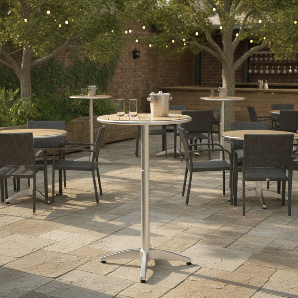 Aluminium & Ash Wood Round Poseur Table 600mm for Pub Gardens