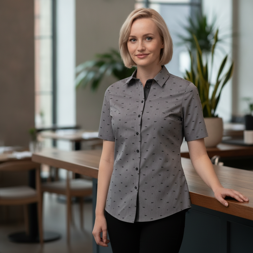 Polycotton Grey Women's Short Sleeve Shirt for Front of House Staff