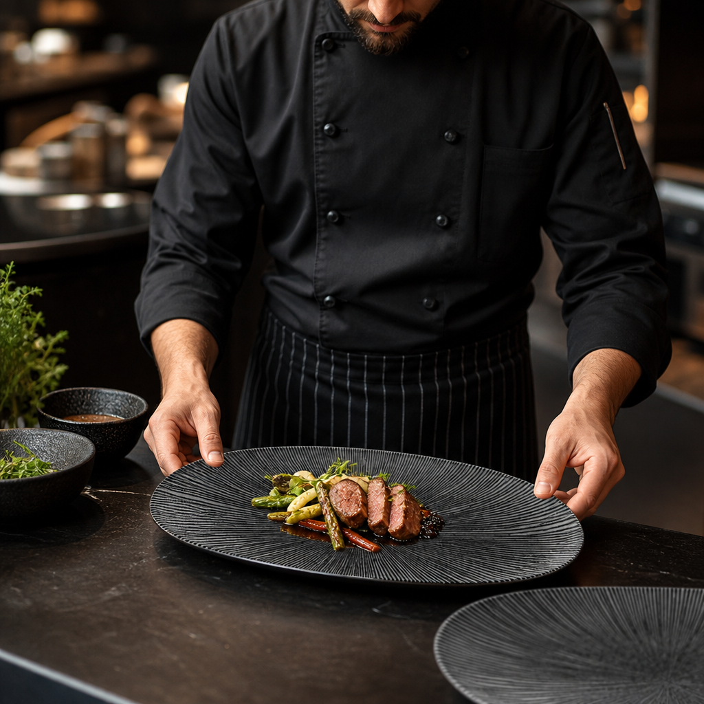 Oval Chefs Plates 347x173mm Black Vitrified Ceramic for Restaurants (Pack of 6)