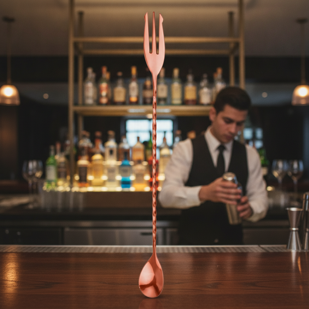 Stainless Steel Cocktail Spoon with Fork Copper Finish 303mm for Bars & Pubs